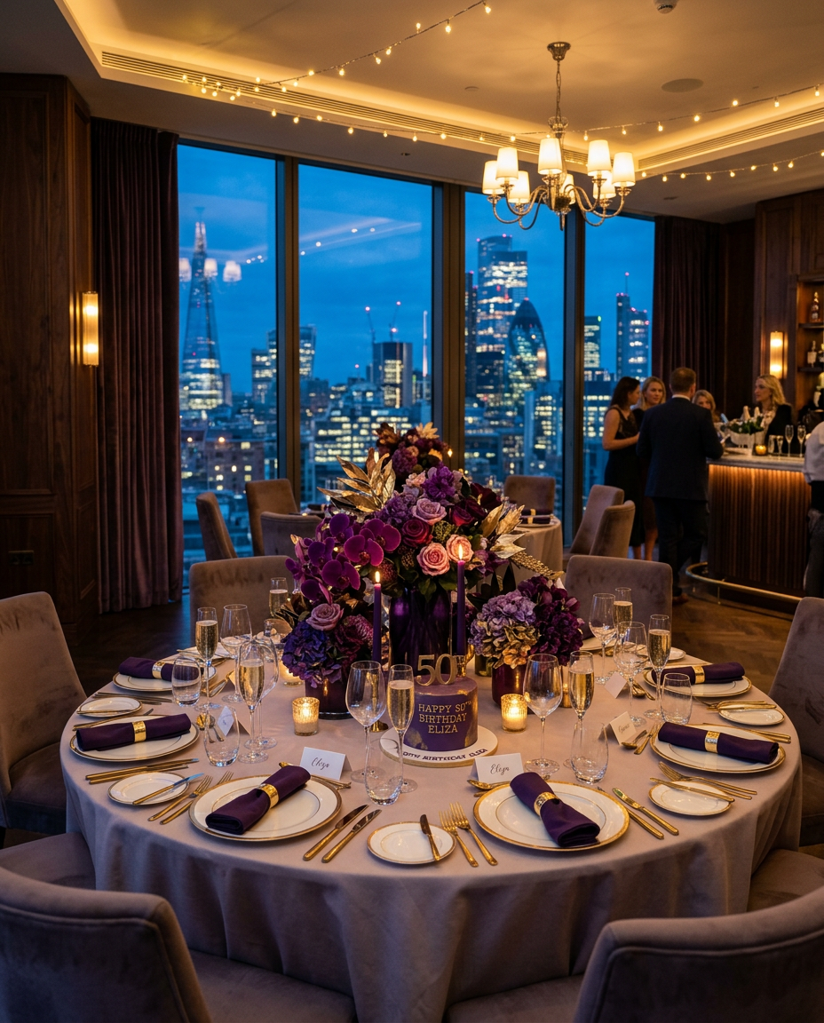 Elegant executive birthday celebration table setting with gold and violet decor